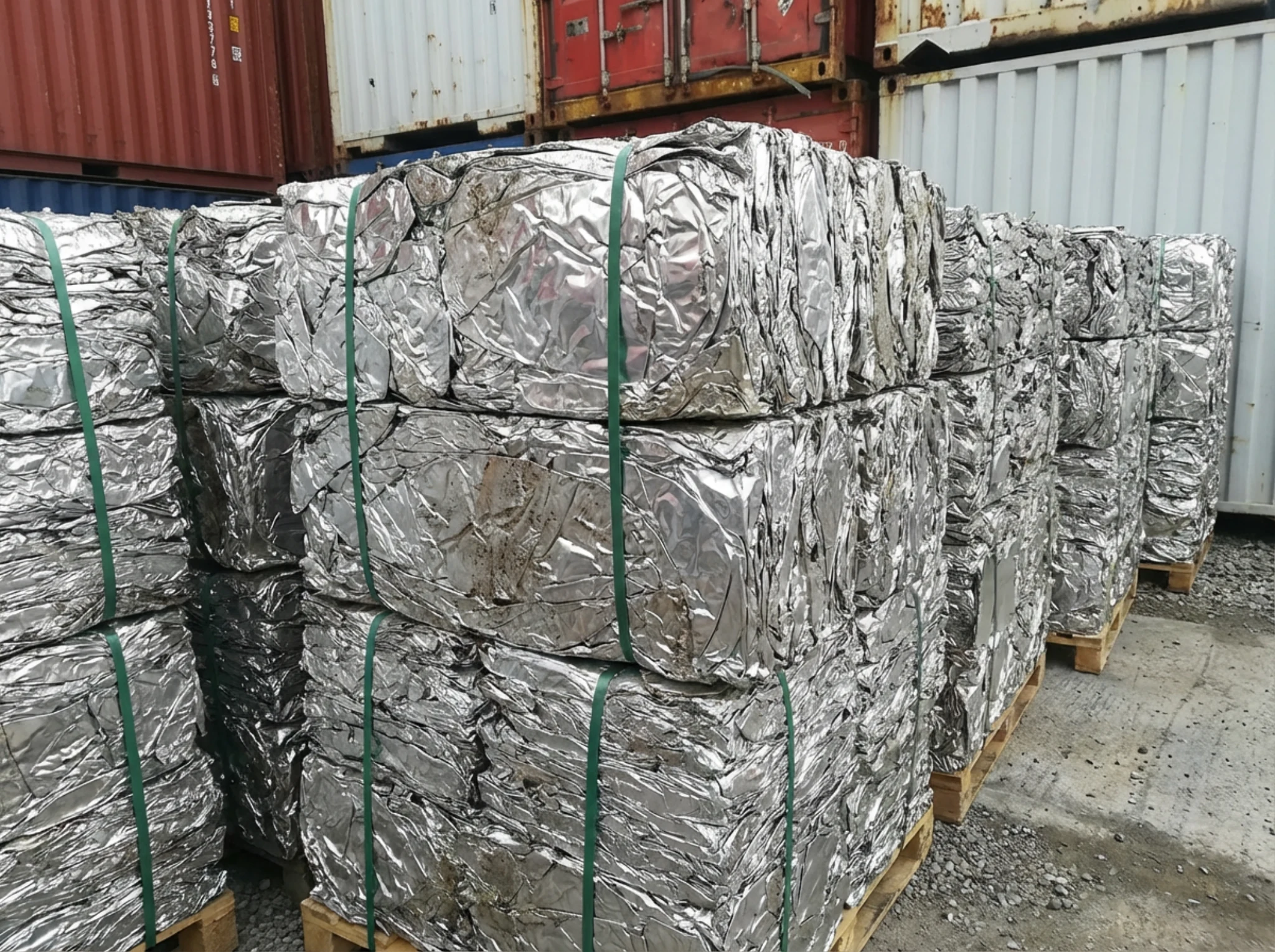 Compressed aluminum foil material staged for recovery