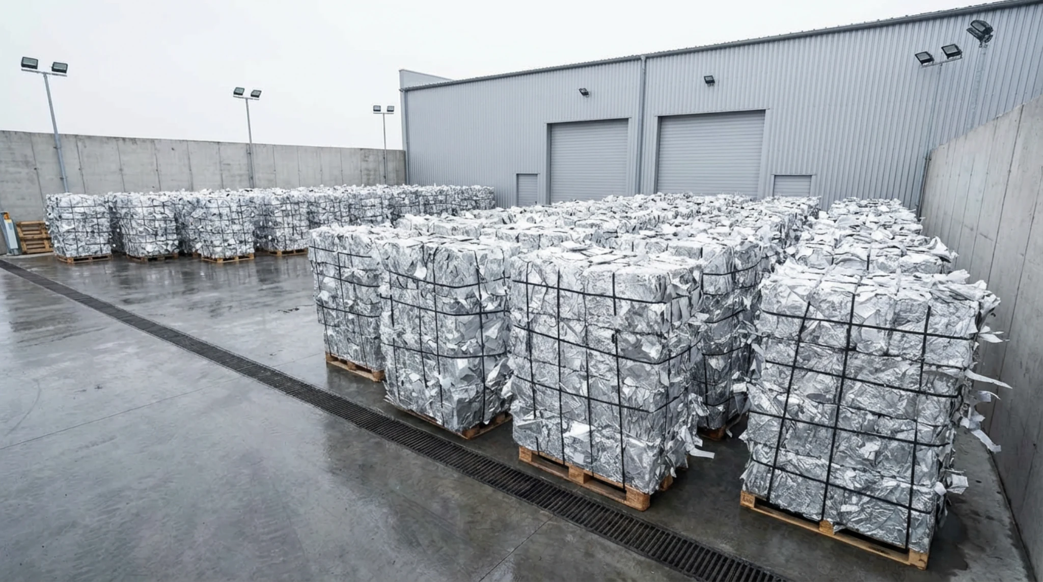 Recovered aluminum bales staged cleanly for movement and export